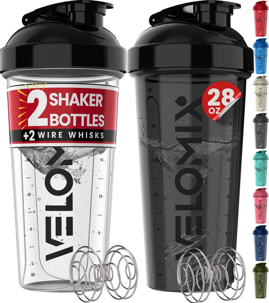 2 Pack- 28 oz Protein Shaker Bottles for Protein Mixes + 2x Wire Whisk